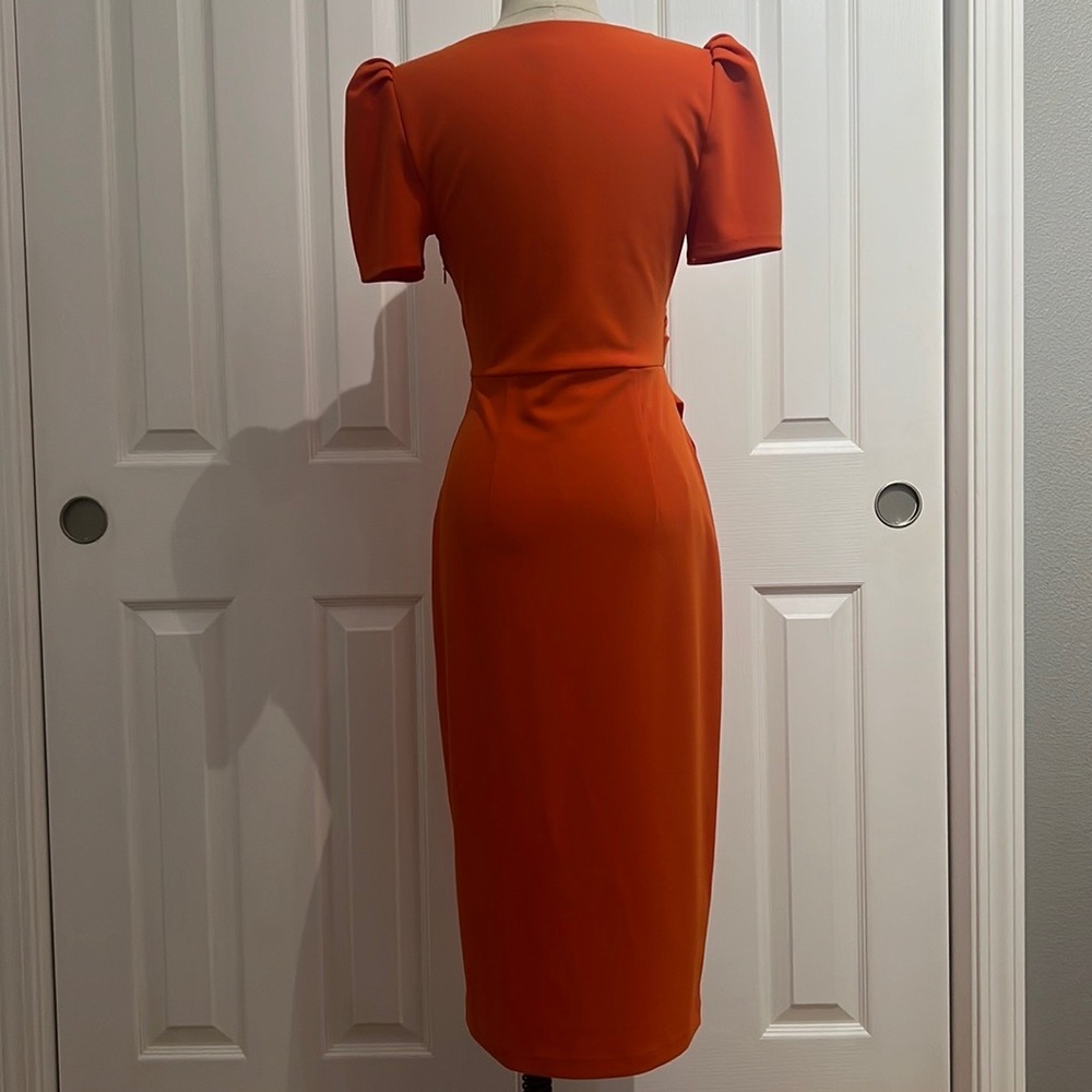 Express V-Neck Puff Sleeve Faux Wrap Sheath Midi Dress - Picture 2 of 6